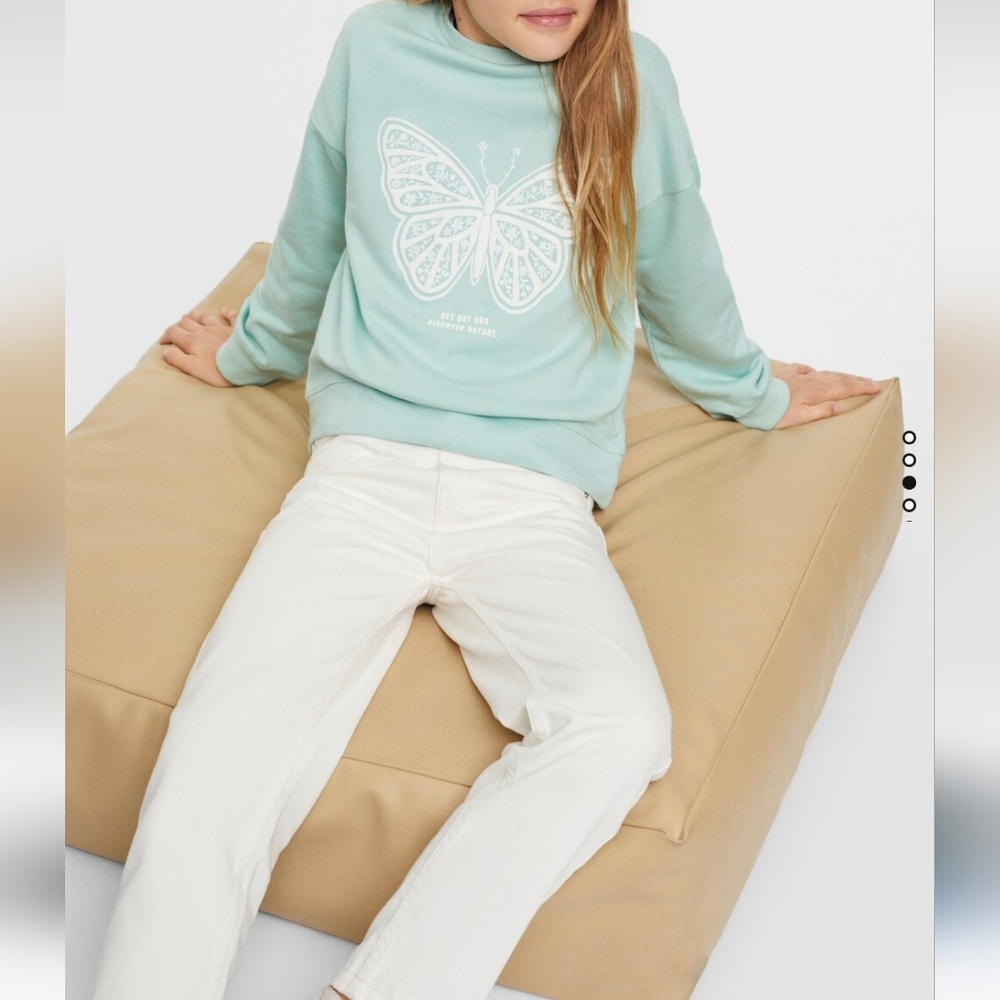 MANGO Butterfly Printed Cotton Sweatshirt Size 6 Teal